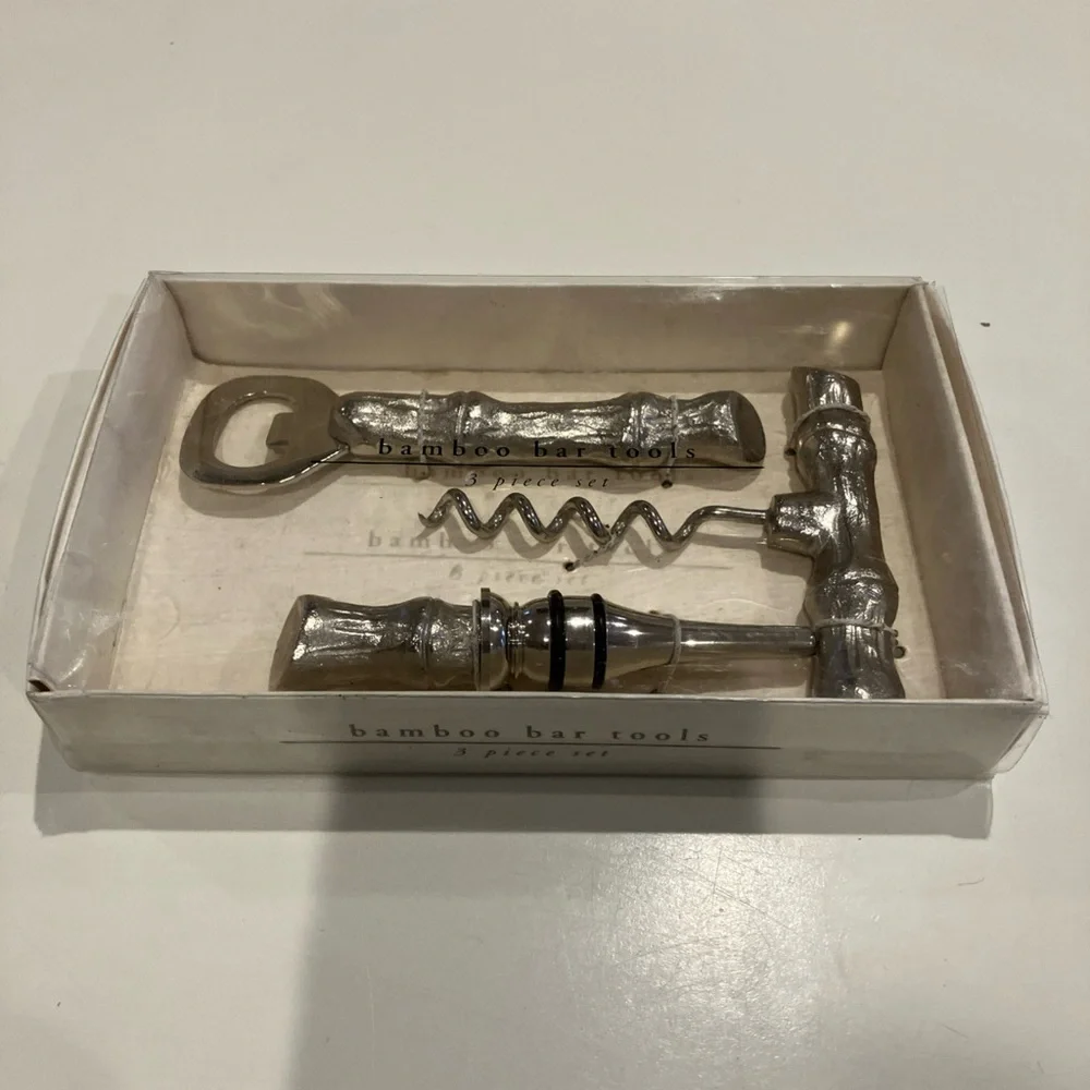 Pier 1 Imports Metal Bamboo Bar Tools Set Corkscrew, Bottle Opener &WineStopper